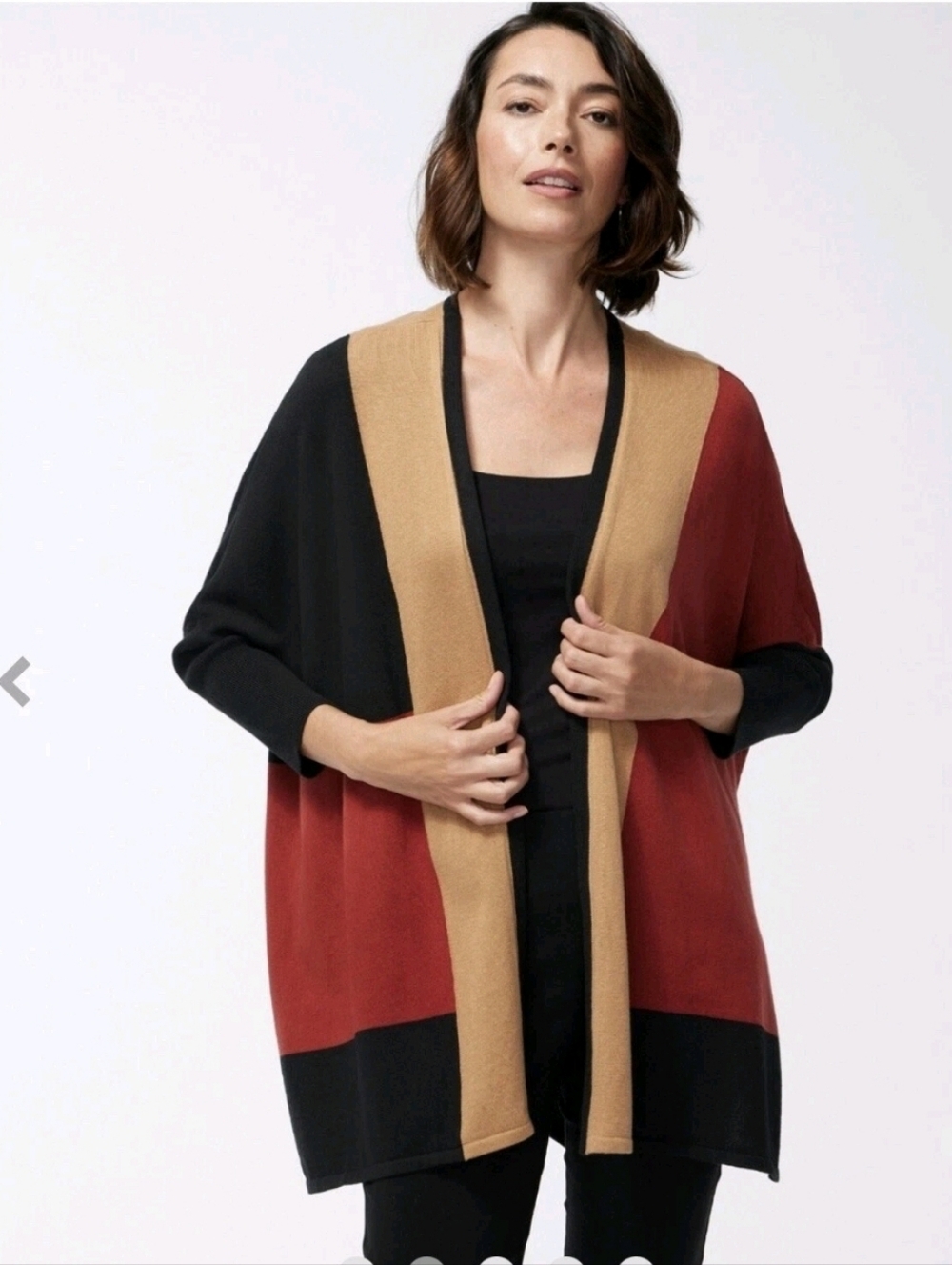 Chicos Block Sweater Ruana Black, Red, Tan Size L/XL